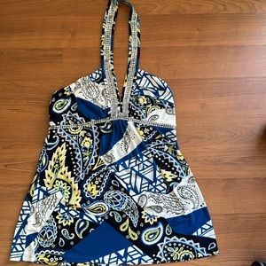 INC Medium Blue White Yellow vacation wear halter